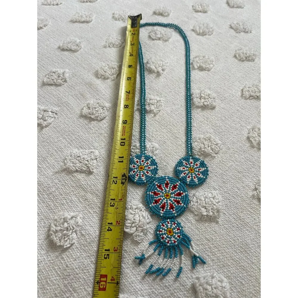 Vintage 60s Native American Medallion Necklace Seed Beaded Starburst Fringe